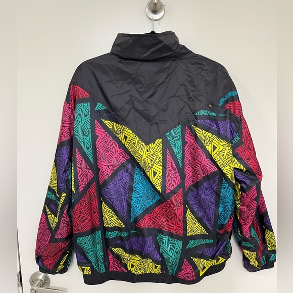 1 Sunset Lane Sz L 80’s 90’s Vintage Style Windbreaker Jacket Black Geometric - Picture 2 of 5